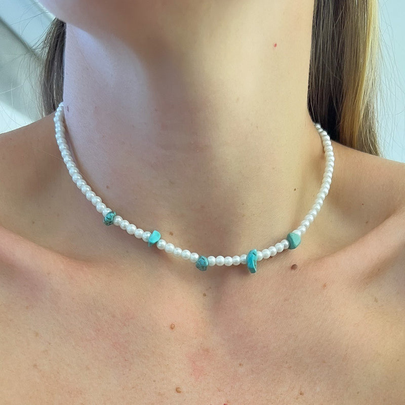 Gargantilha choker pérolas com Turquesa